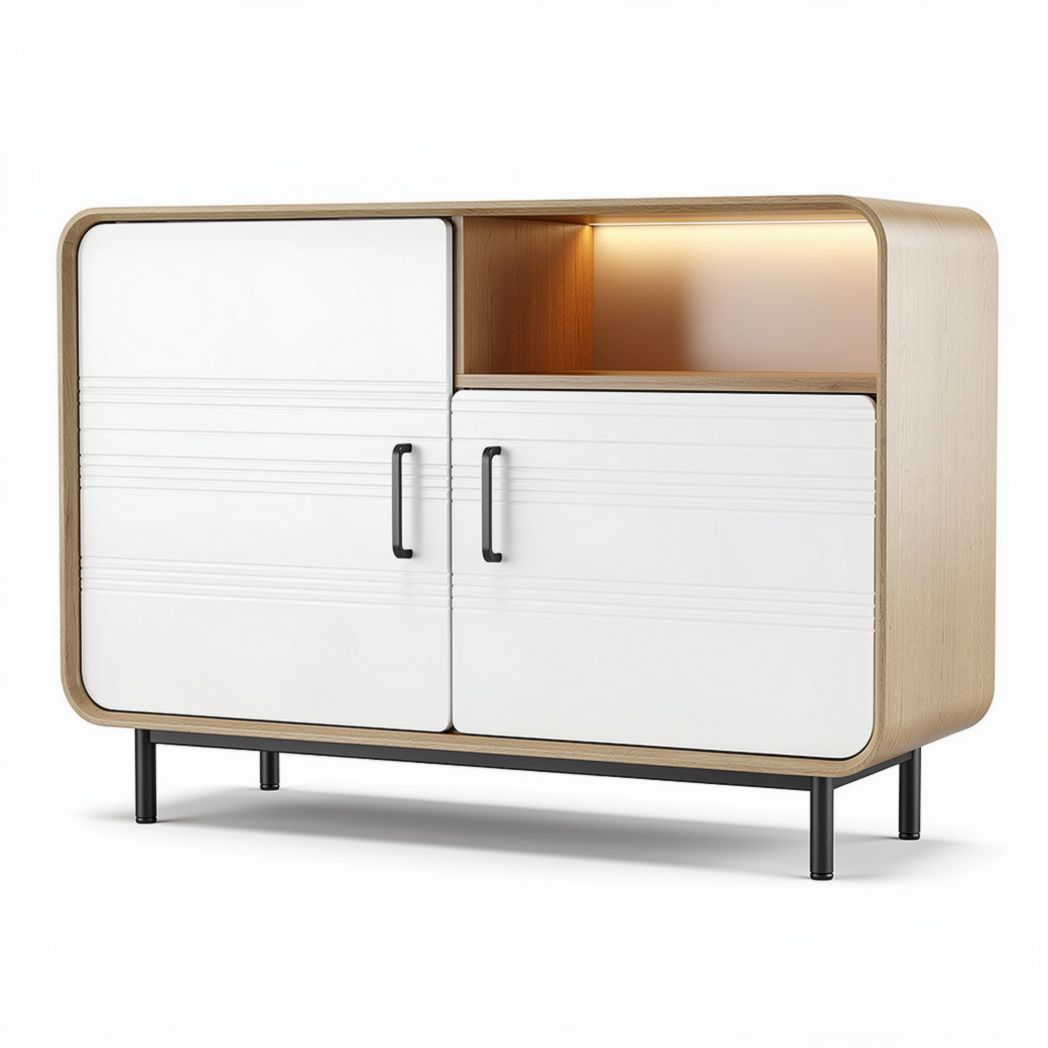 Modern wood cabinet with white doors and open shelf 80 x 40 x 70cm