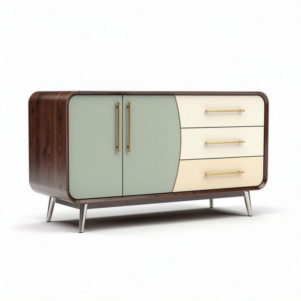 Mid-century modern sideboard with two doors and three drawers in green and cream finish 120 x 45 x 75cm