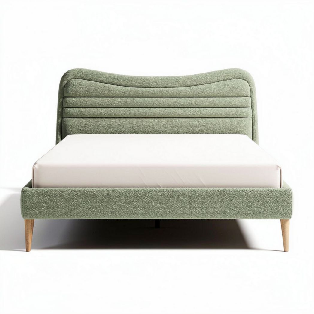 Green upholstered bed frame with wooden legs and modern design 200 x 160 x 100cm
