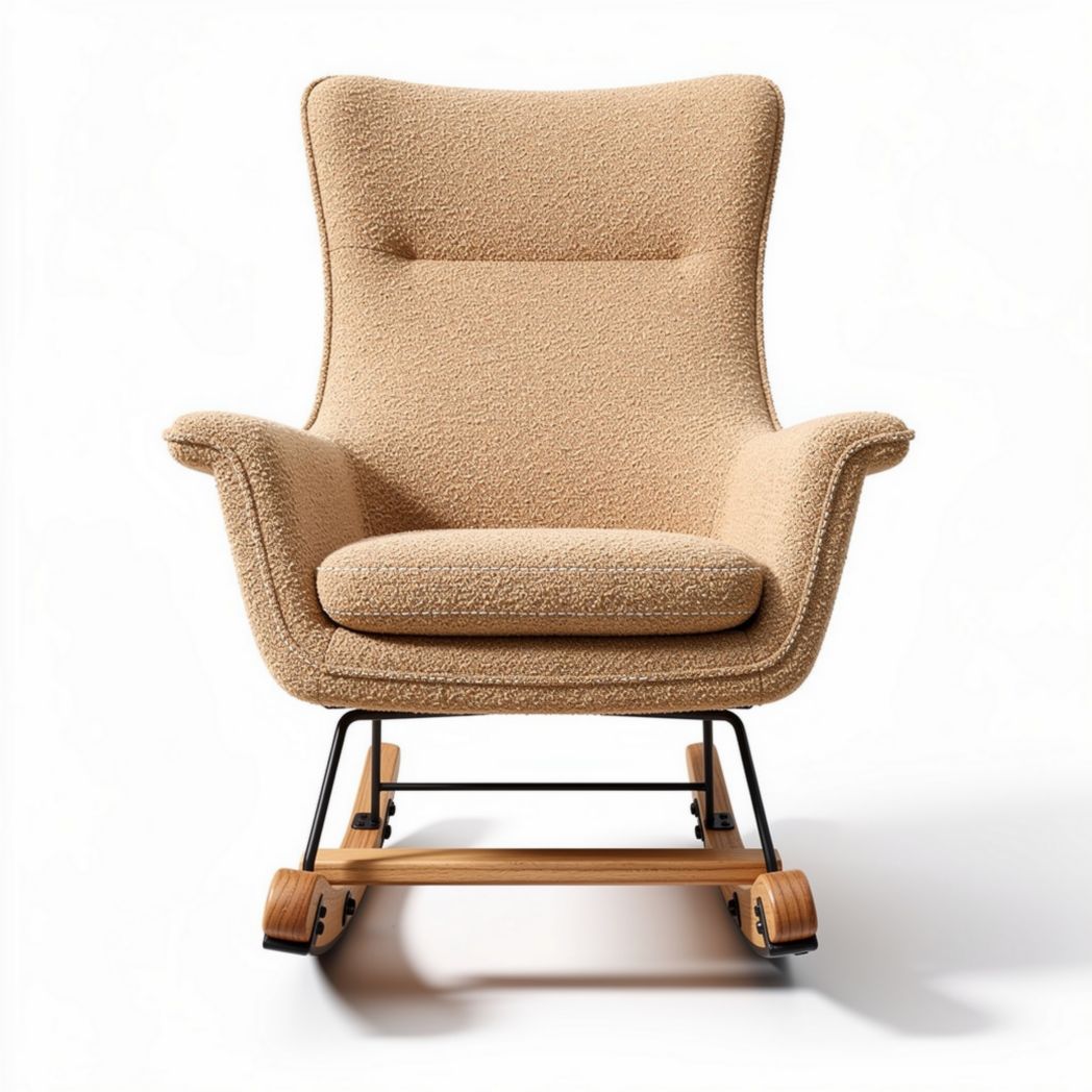 Rocking chair in beige fabric with wooden base and metal frame 80 x 70 x 100cm