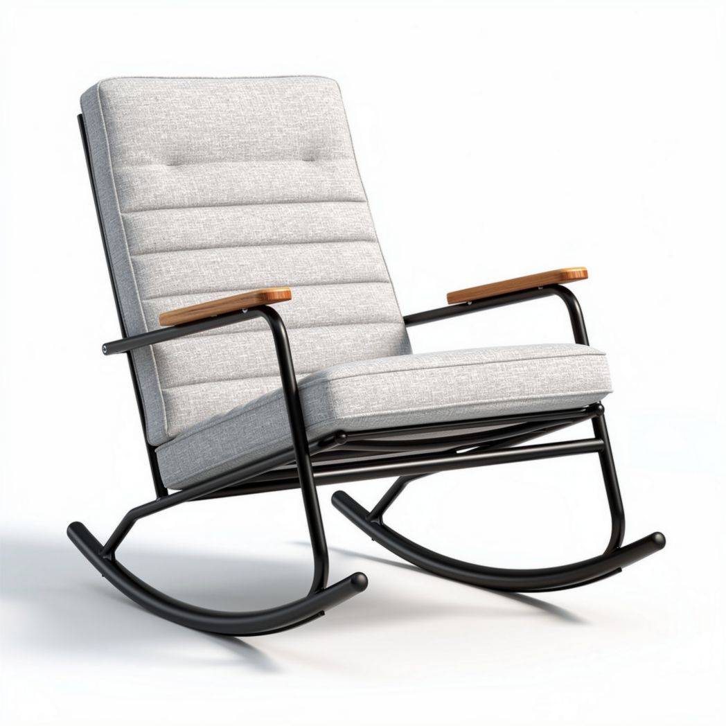 Rocking chair with gray fabric cushion and natural wood armrests 80 x 60 x 100cm