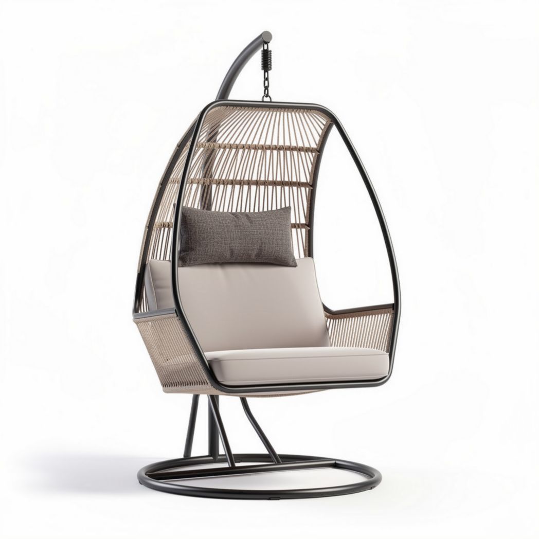 Hanging egg chair with cushion weather-resistant wicker in beige and black 90 x 75 x 120cm