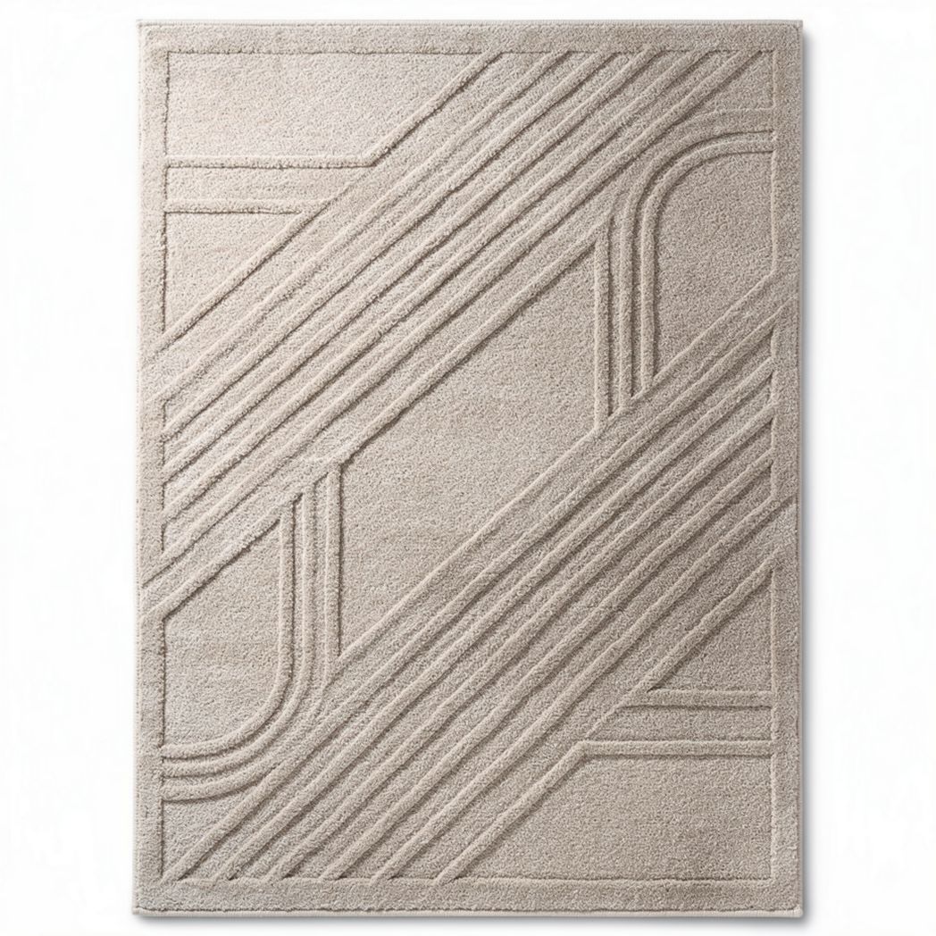 Textured area rug in beige with geometric lines 160 x 230 x 1cm
