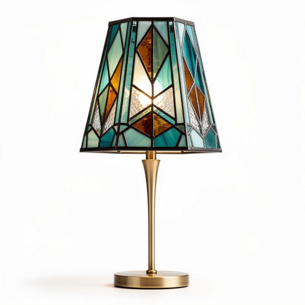 Stained glass table lamp with bronze base and geometric design 30 x 30 x 45cm