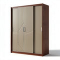 Sliding door wardrobe cabinet with wood frame and textured beige panels 180 x 200 x 60cm