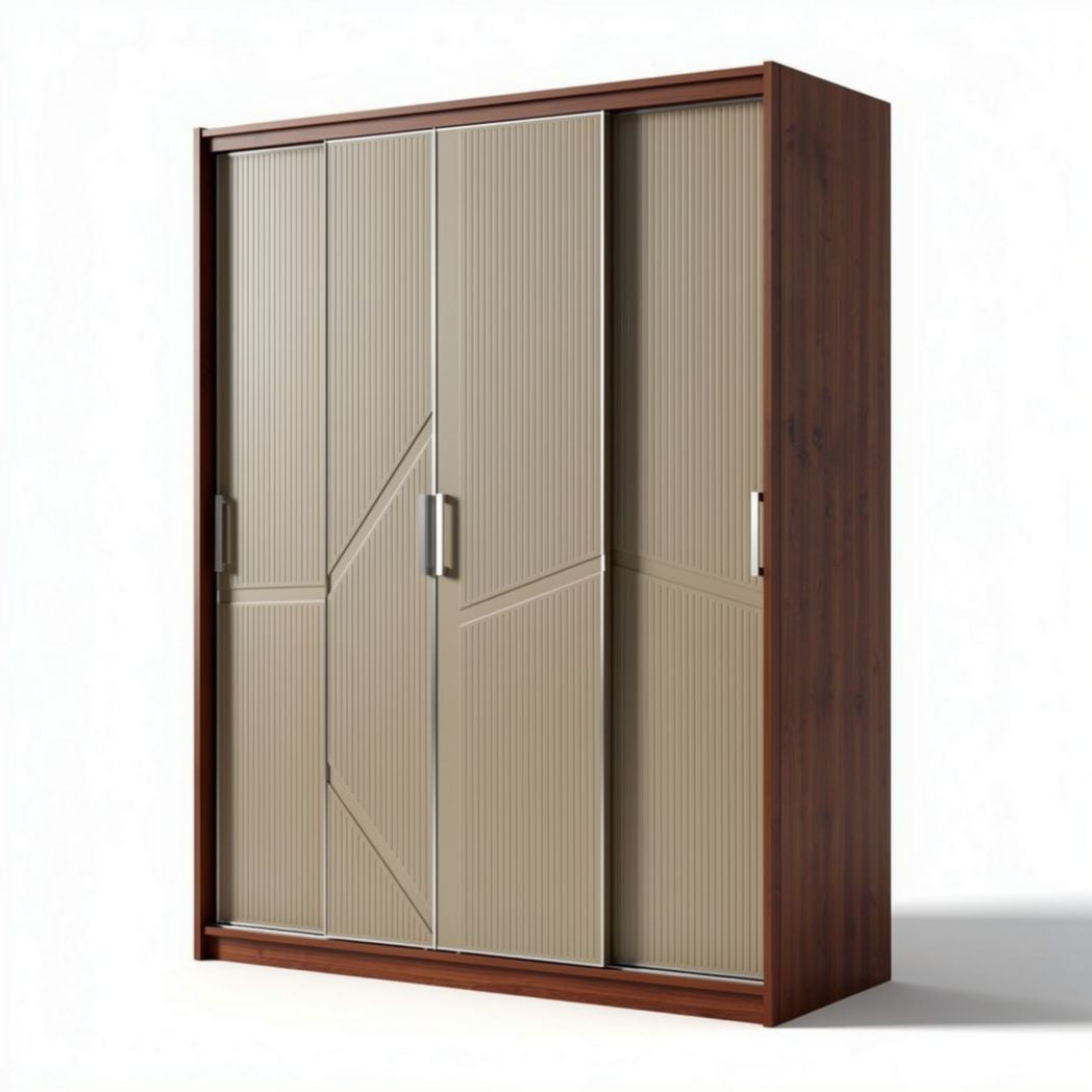 Sliding door wardrobe cabinet with wood frame and textured beige panels 180 x 200 x 60cm